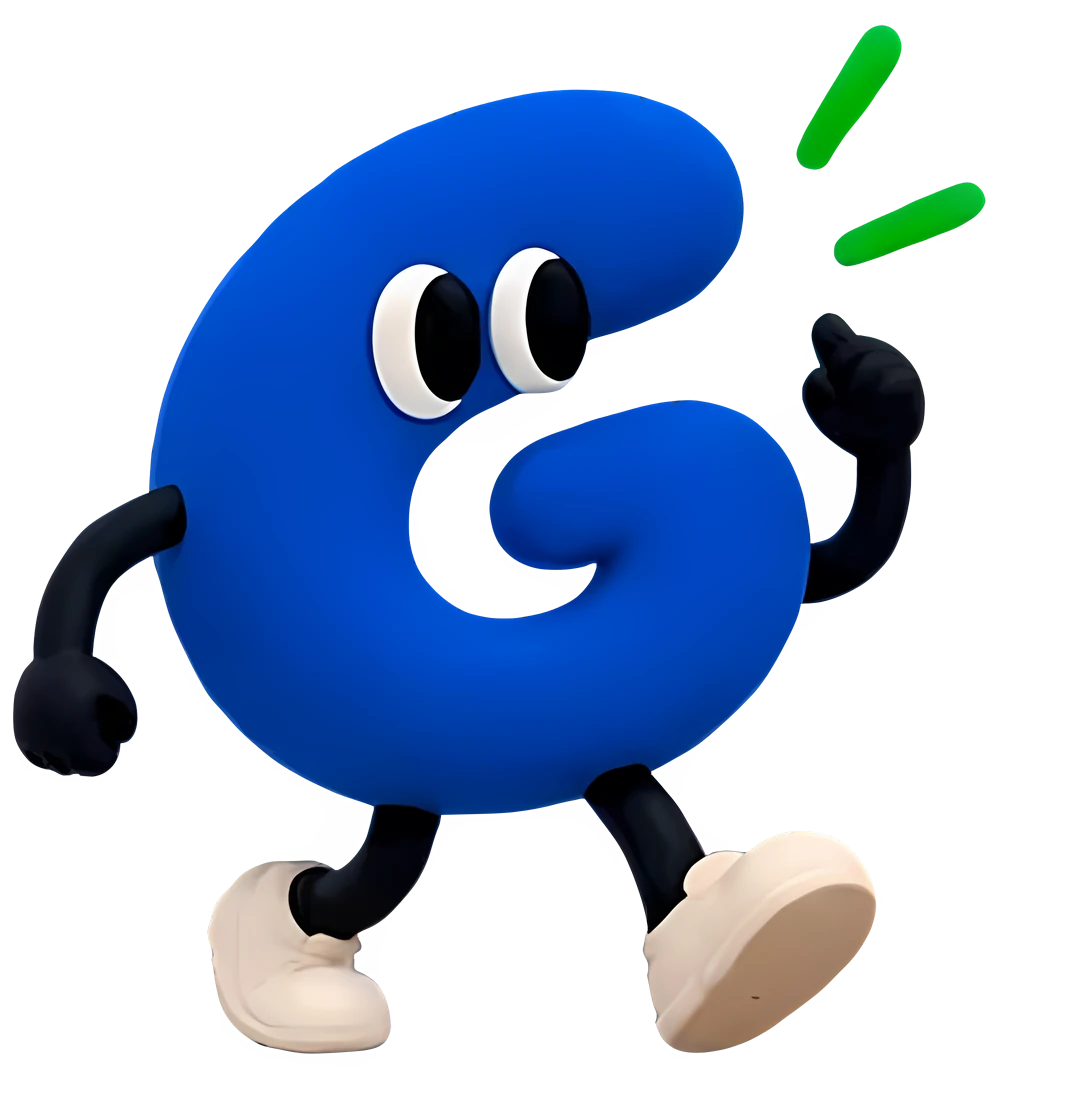 La G de Grovi caminando y señalando hacia arriba